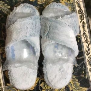 Fuzzy Faux Fur Slippers Blue White